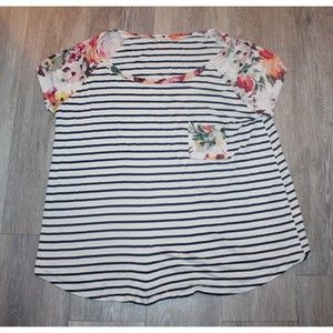 Womens 3X Spring  Summer Tee Shirt Black White Strips with Floral design Sleeves